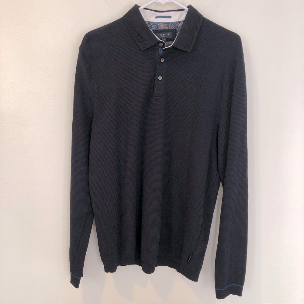 Ted Baker London Ribbed Knit Long Sleeve Polo Shirt Navy Blue Men's Size 6 43 EU